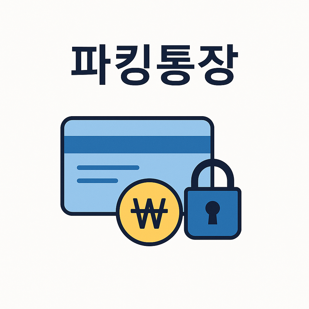 파킹통장이라는 제목 아래, 파란색 통장 아이콘과 원화 기호(₩)가 새겨진 동전, 자물쇠 아이콘이 함께 배치된 이미지. 자금을 잠시 보관하면서도 유동성을 유지할 수 있는 파킹통장의 개념을 시각적으로 표현함