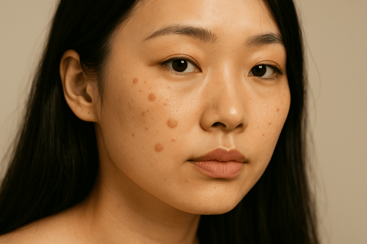 여성의 얼굴에 편평사마귀의 피부 질환을 앓고 있는 모습