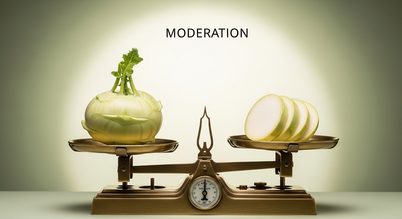 저울 위에 놓인 콜라비로 현명한 섭취를 상징하는 이미지, 적절한 양의 중요성을 보여준다.