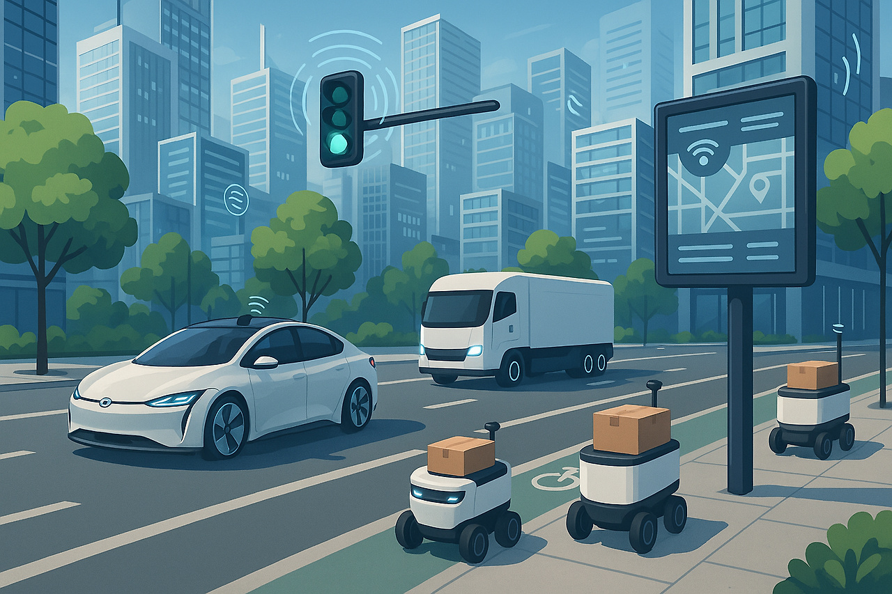 자율주행차와 배송로봇이 함께 작동하는 스마트 시티 개념도