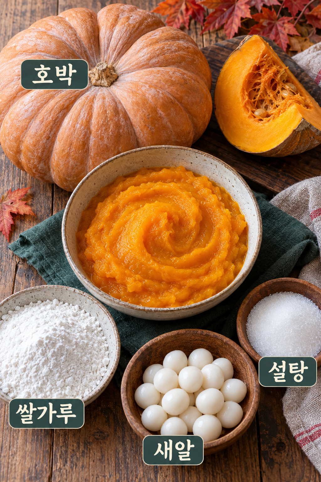 호박죽 재료인 과육·쌀가루·새알·설탕을 따로 놓은 장면.