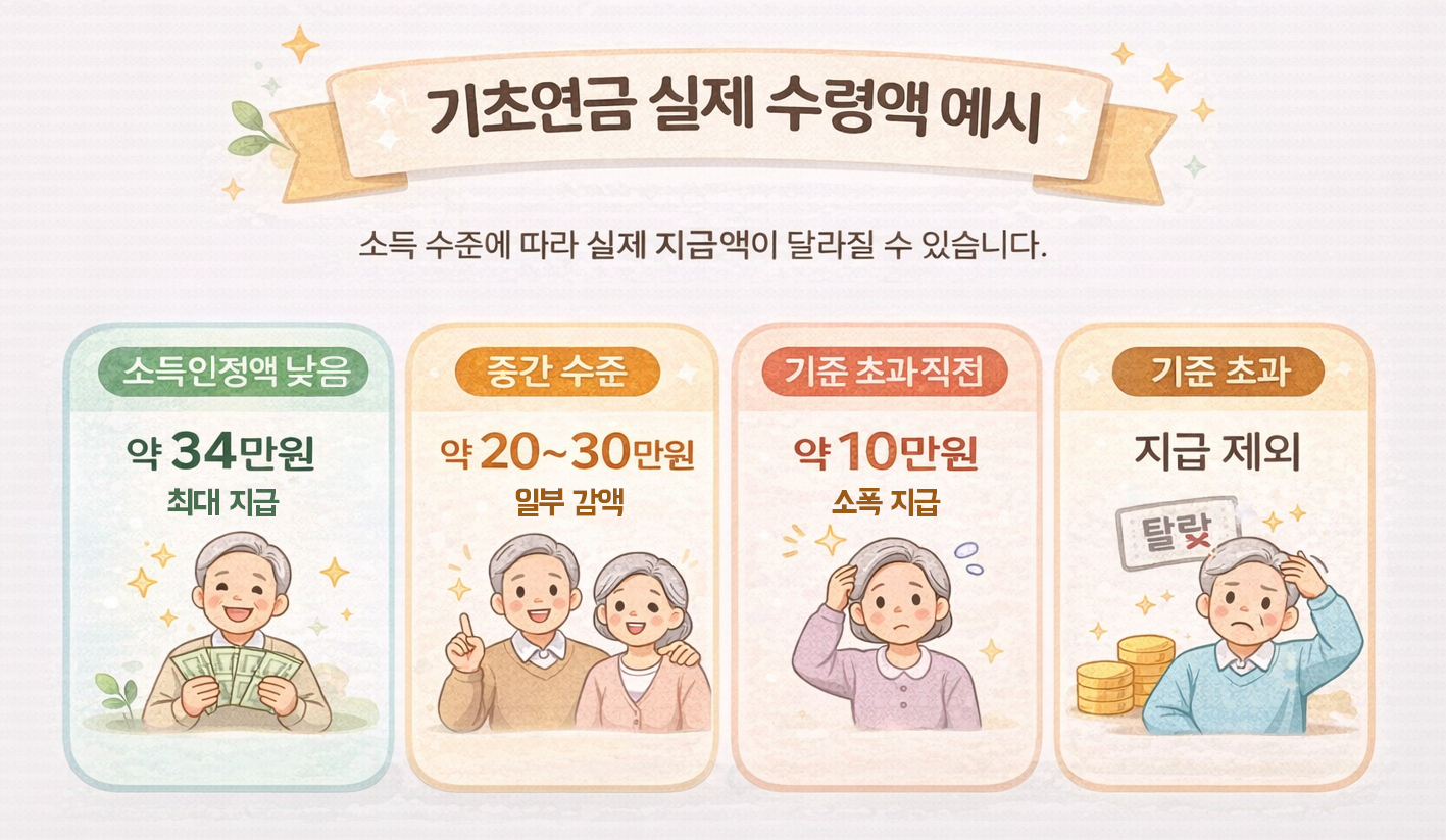 2026 기초연금 실제 수령액 예시 소득인정액 수준에 따라 약 34만 원부터 지급 제외까지 달라지는 구조