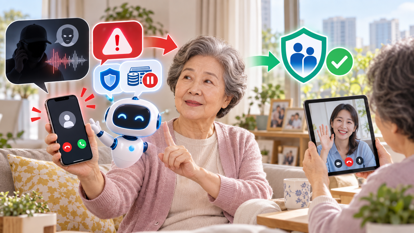 의심스러운 전화와 송금 요청을 경고하고 가족 확인을 돕는 AI 안전 기능