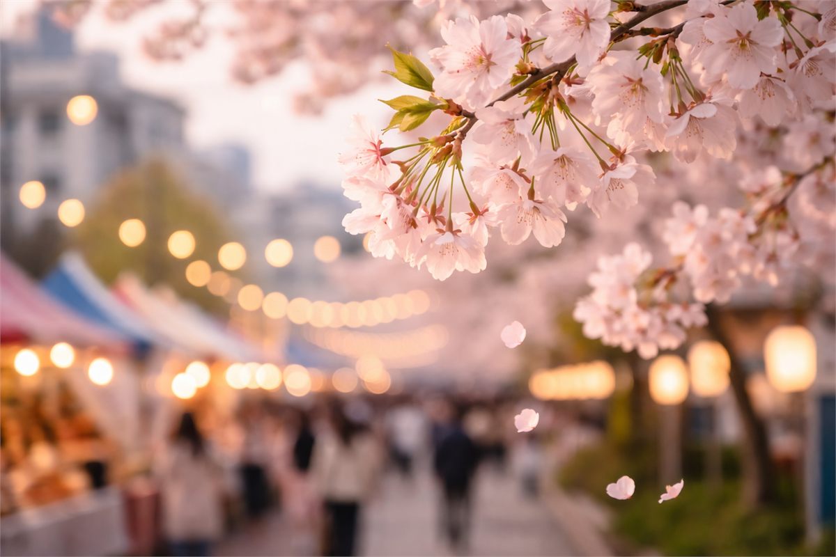 벚꽃이 흐드러진 도심 축제 거리의 꽃 디테일 장면 
