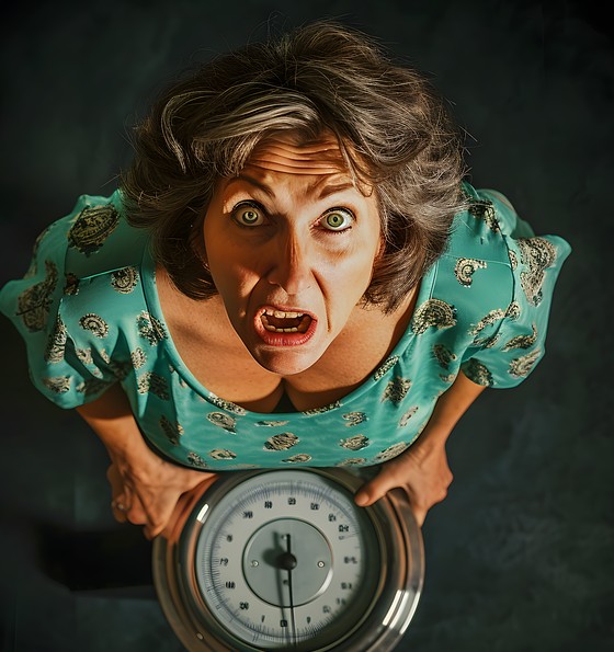 중년의-여성이-체중계에-올라-소스라치게-놀라고-있습니다.