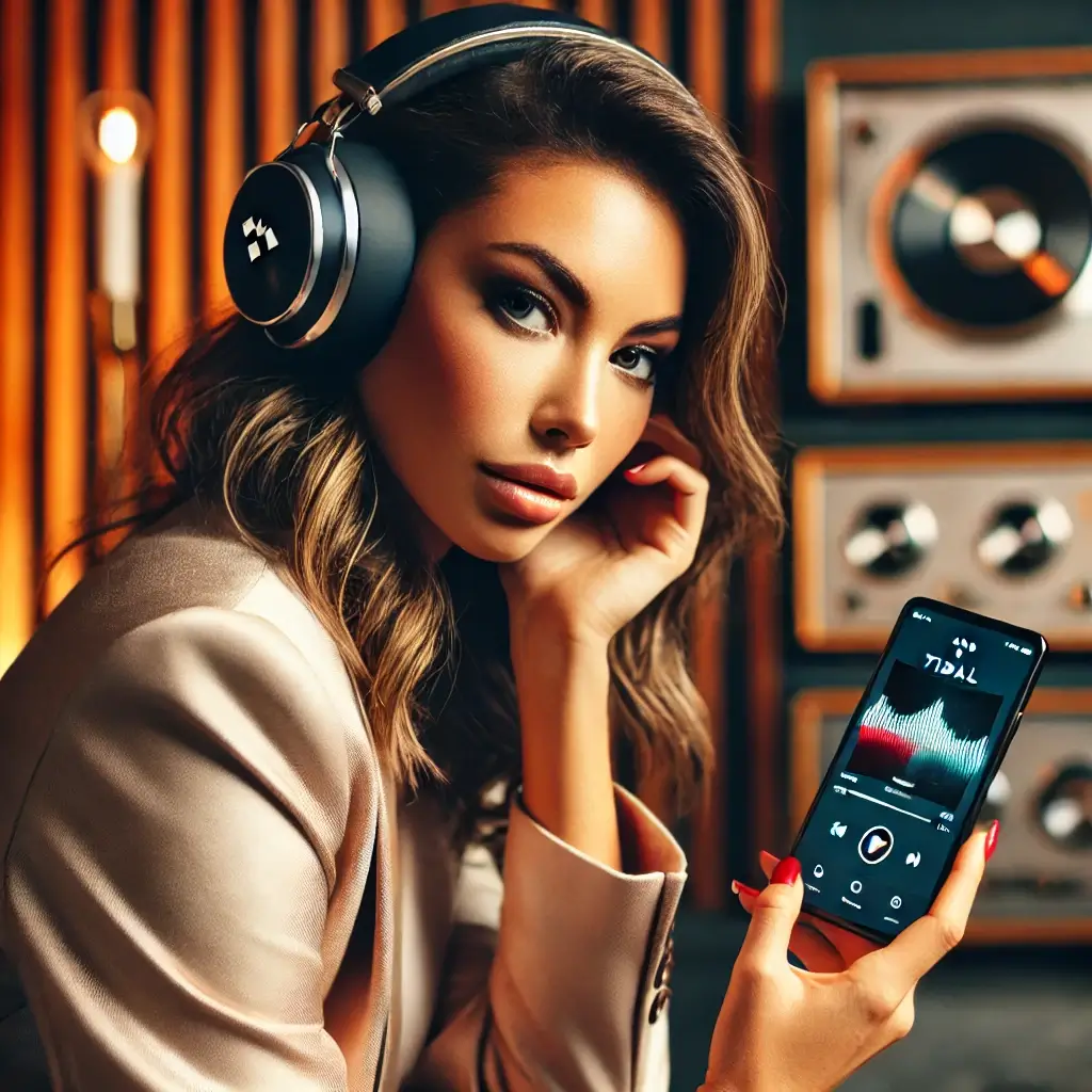 타이달앱으로 음악을 듣고 있는 아름다운 흑인 여성의 모습