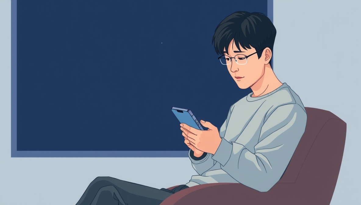 편한 의자에 앉아 스마트폰을 들여다 보는 남자 일러스트