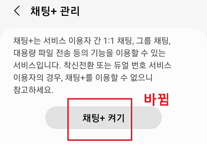 채팅 플러스 켜기라는 글자 보임
