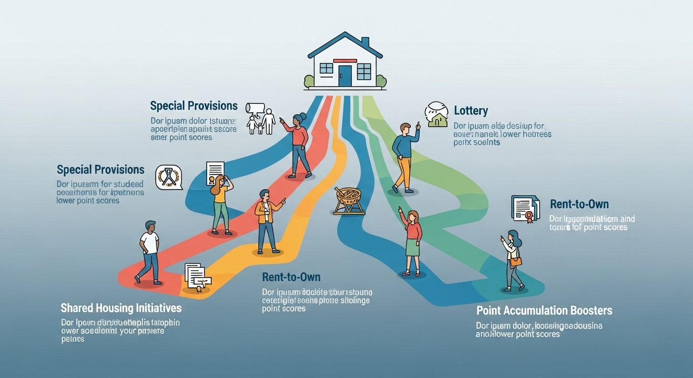 낮은 가점의 청년들을 위한 특별공급, 추첨제 등 다양한 청약 전략 경로를 보여주는 희망찬 디지털 인포그래픽.