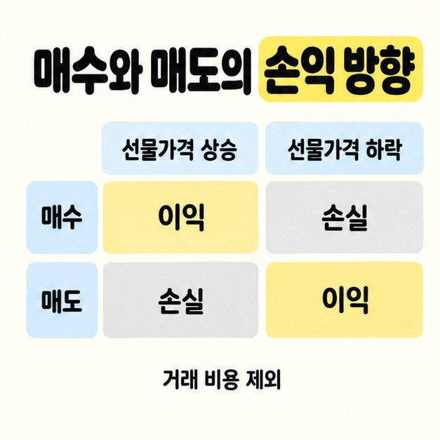 선물가격 상승과 하락에 따른 매수 및 매도의 이익과 손실 방향을 반대로 배치하고 거래 비용 제외라고 표시한 비교표