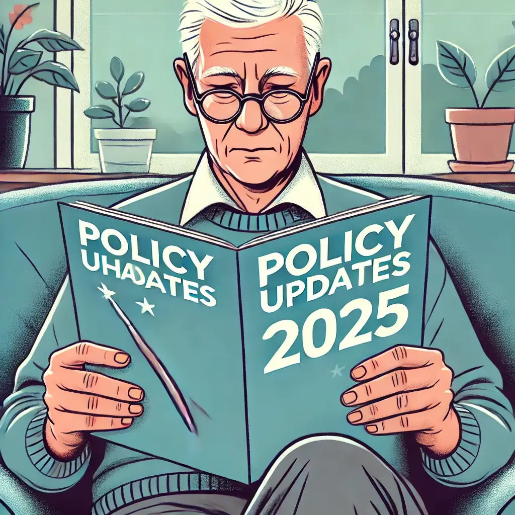 정책 변화 안내서를 읽는 노인의 관심 있는 모습.