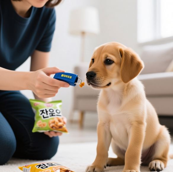 강아지가 클리커와 간식으로 훈련을 하는 모습