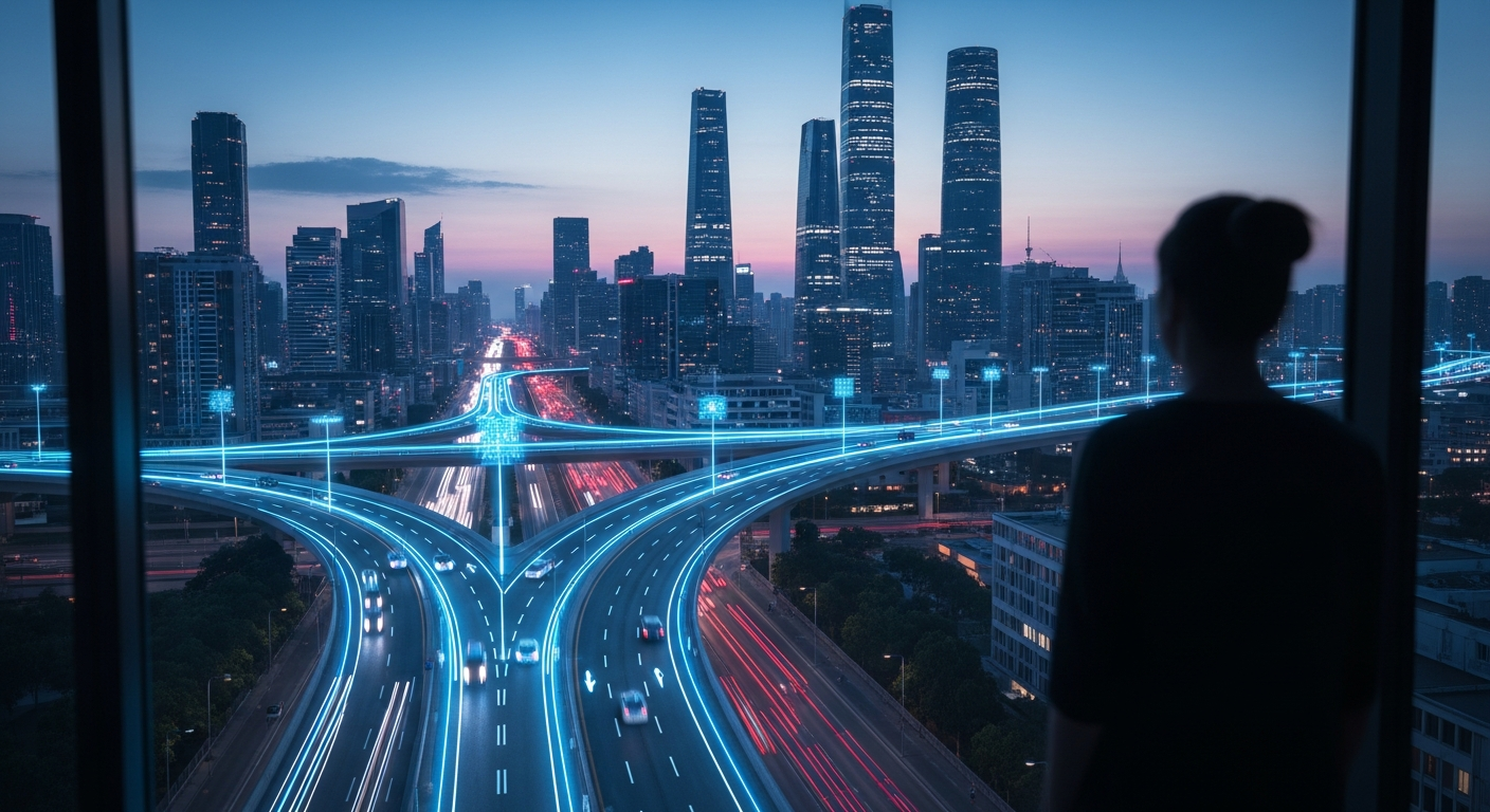 자율주행 차량들이 신호와 차선을 준수하며 질서 있게 주행하고 있는 미래지향적인 도심 도로 풍경