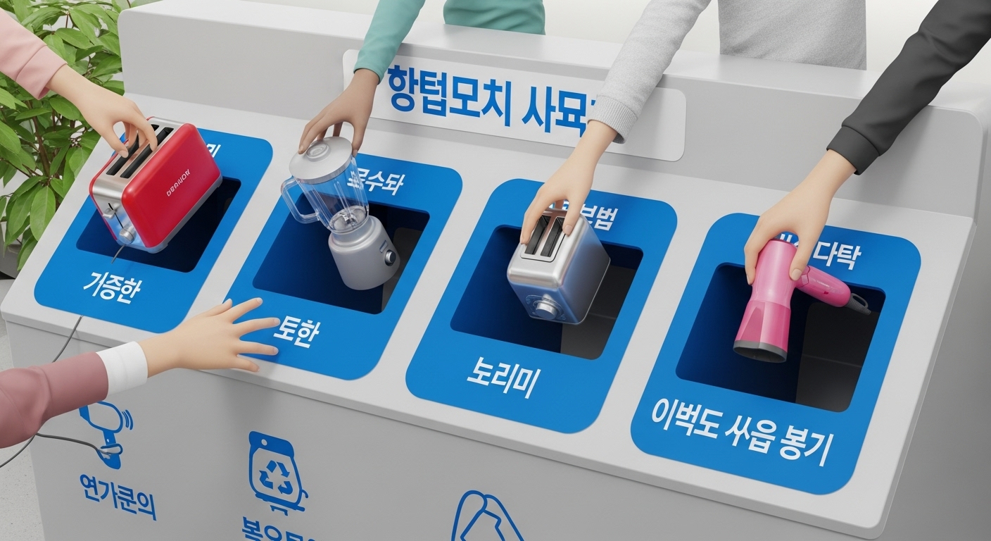 아파트 단지에 설치된 소형 폐가전 전용 수거함에 고장 난 드라이어를 넣는 모습. 깔끔하게 디자인된 수거함은 누구나 쉽게 이용할 수 있음을 보여줍니다.