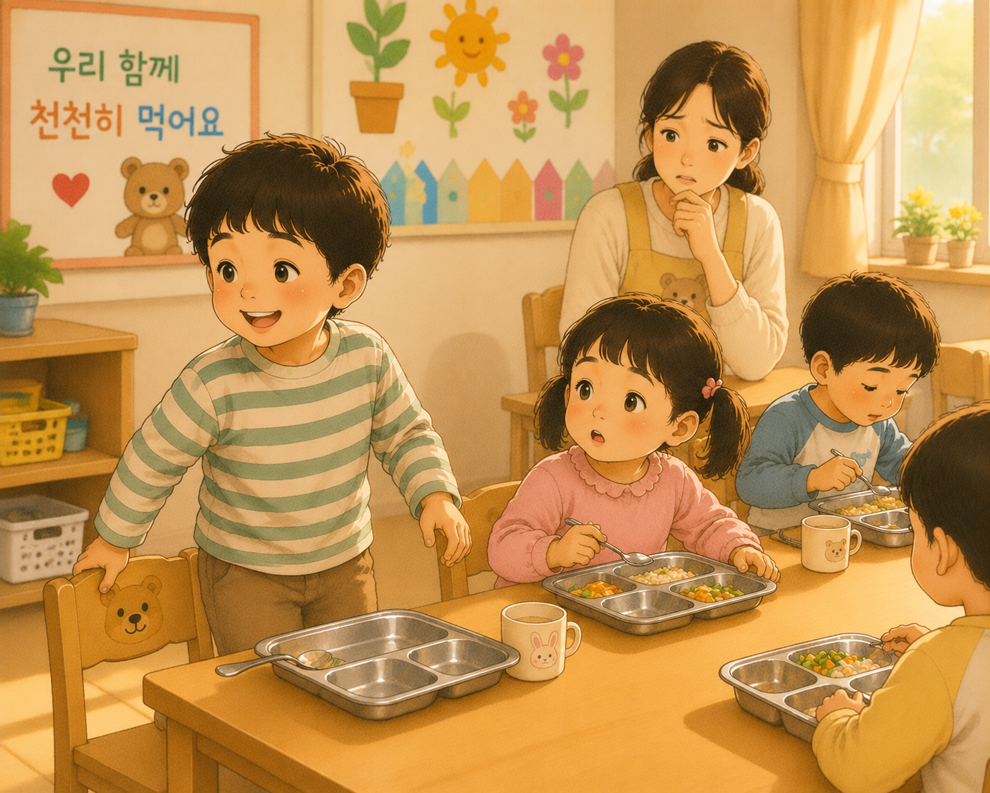 어린이집 식당에서 친구들보다 먼저 식사를 끝내고 일어나려는 아이