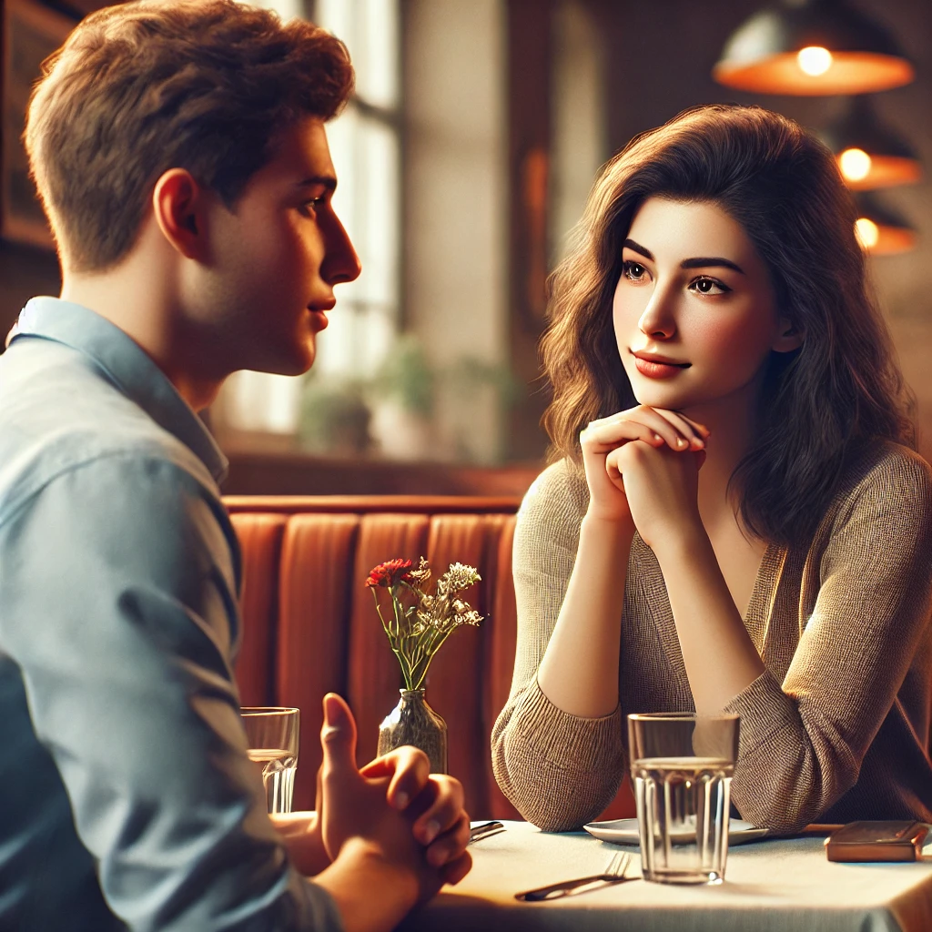레스토랑에서 진지하고 따뜻한 대화를 나누는 커플 (적극적 경청과 공감 표현)