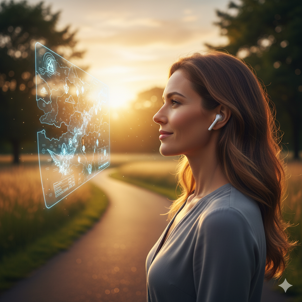 노을 지는 공원에서 이어폰을 끼고 미소 지으며 걷기에 몰입한 여성.