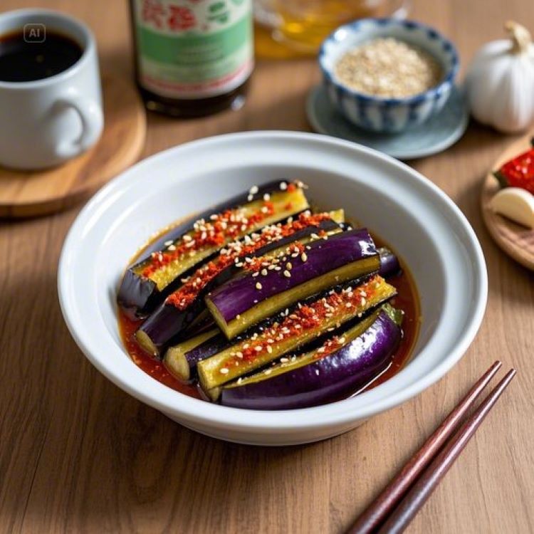 윤기 나는 보랏빛 가지를 길게 썰어 하얀 그릇에 담고, 빨간 고춧가루와 참깨가 뿌려진 가지무침이 식탁 위에 놓여있는 모습. 배경에는 간장, 참기름, 마늘 등 양념 재료들이 정갈하게 배치되어 있고, 자연광이 들어오는 밝은 주방 분위기. 한국 전통 식기와 젓가락이 함께 보이는 따뜻하고 정갈한 한식 밑반찬의 모습을 연출한 사진