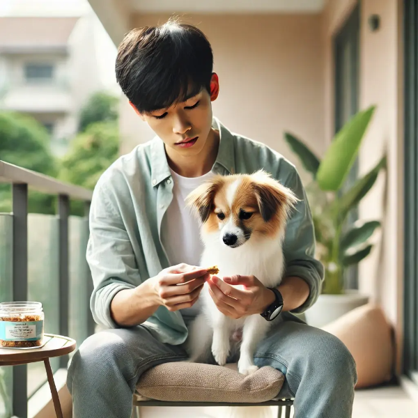 테라스에서 반려견과 함께 앉아 간식을 살펴보며 신중한 표정을 짓는 동양인 젊은 남성의 초고해상도 사진