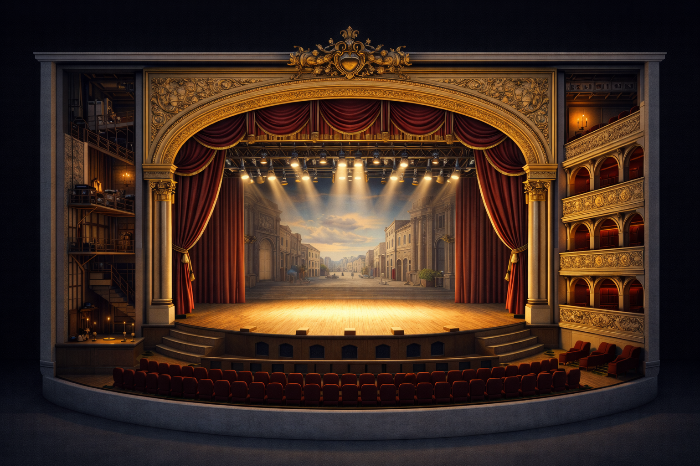 이탈리아 르네상스 양식 극장의 무대와 객석을 물리적으로 구분하는 금색 프로시니엄 아치 구조의 3D 단면도 이미지다.