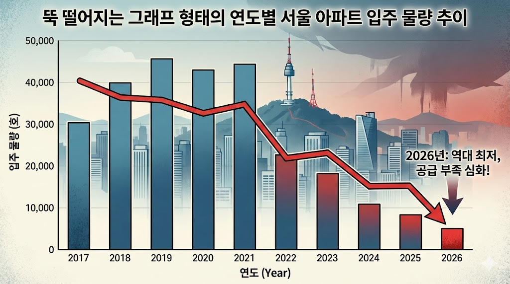 뚝 떨어지는 그래프 형태의 연도별 서울 아파트 입주 물량 추이 차트