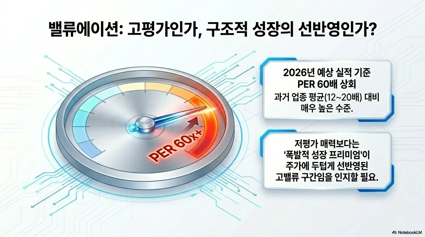 LS일렉트릭 주가 전망: LS일렉트릭의 밸류에이션 부담을 계기판 형태로 표현한 이미지. 2026년 예상 실적 기준 PER이 60배를 넘어 과거 업종 평균 12~20배 대비 매우 높은 수준임을 속도계 바늘로 강조하고&amp;#44; 저평가 매력보다는 폭발적 성장 프리미엄이 주가에 두텁게 선반영된 고밸류 구간임을 인지할 필요가 있다는 점을 설명한다.
