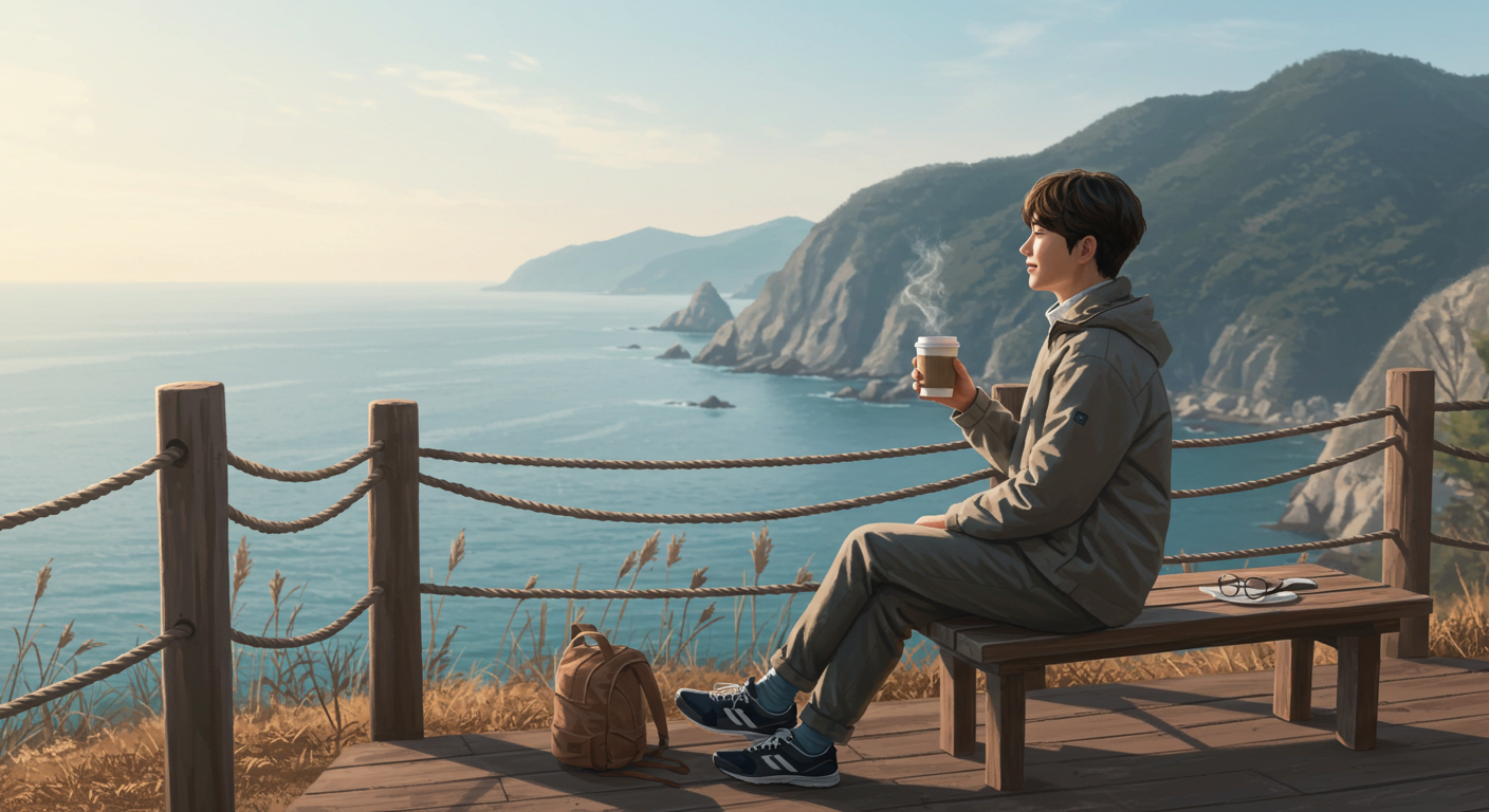 강원도 어느 벤치에 앉아 커피를 마시며 여유를 즐기는 한국인.