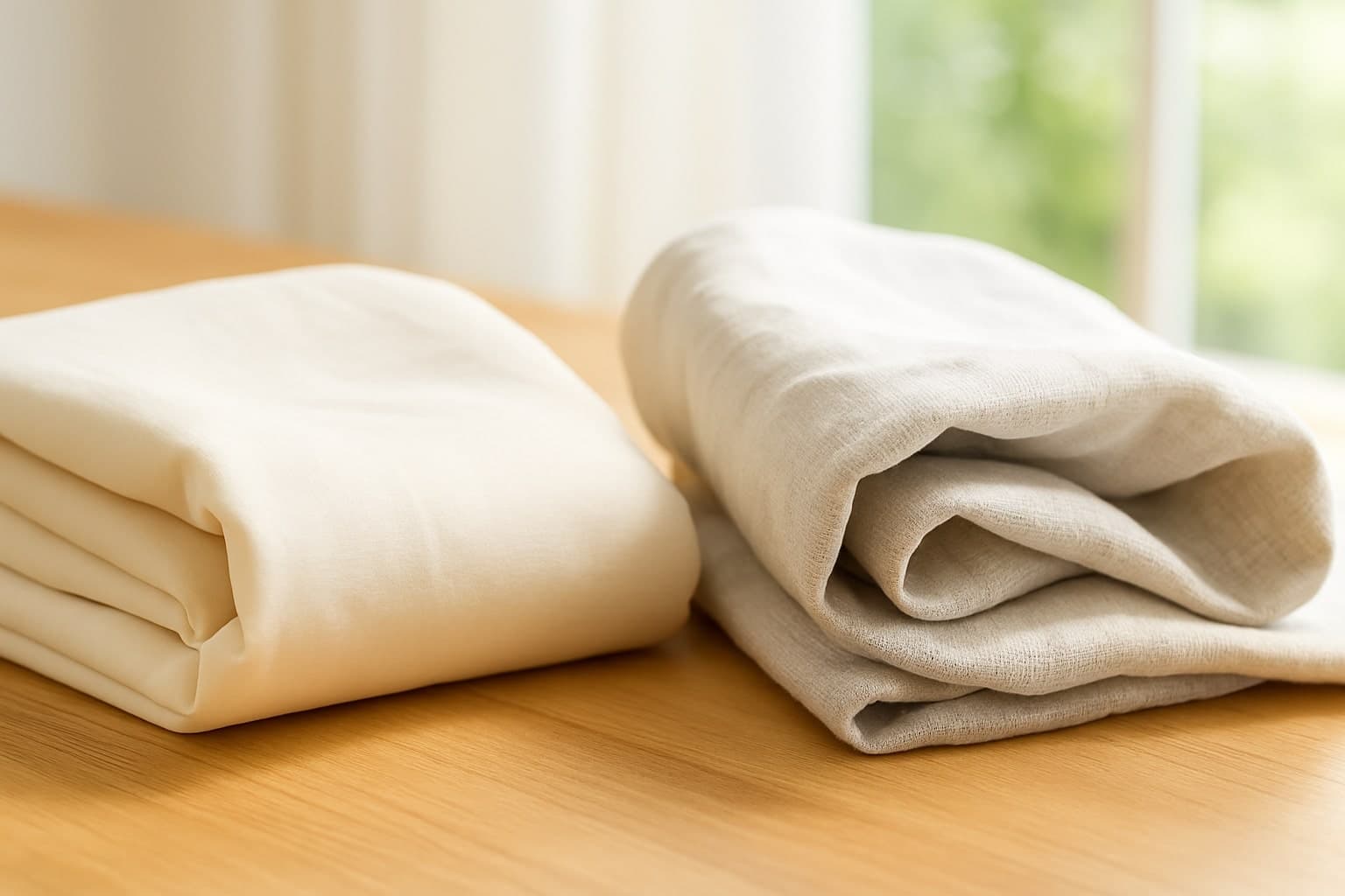 여름 햇살 아래 나란히 놓인 면과 리넨 원단의 질감 비교