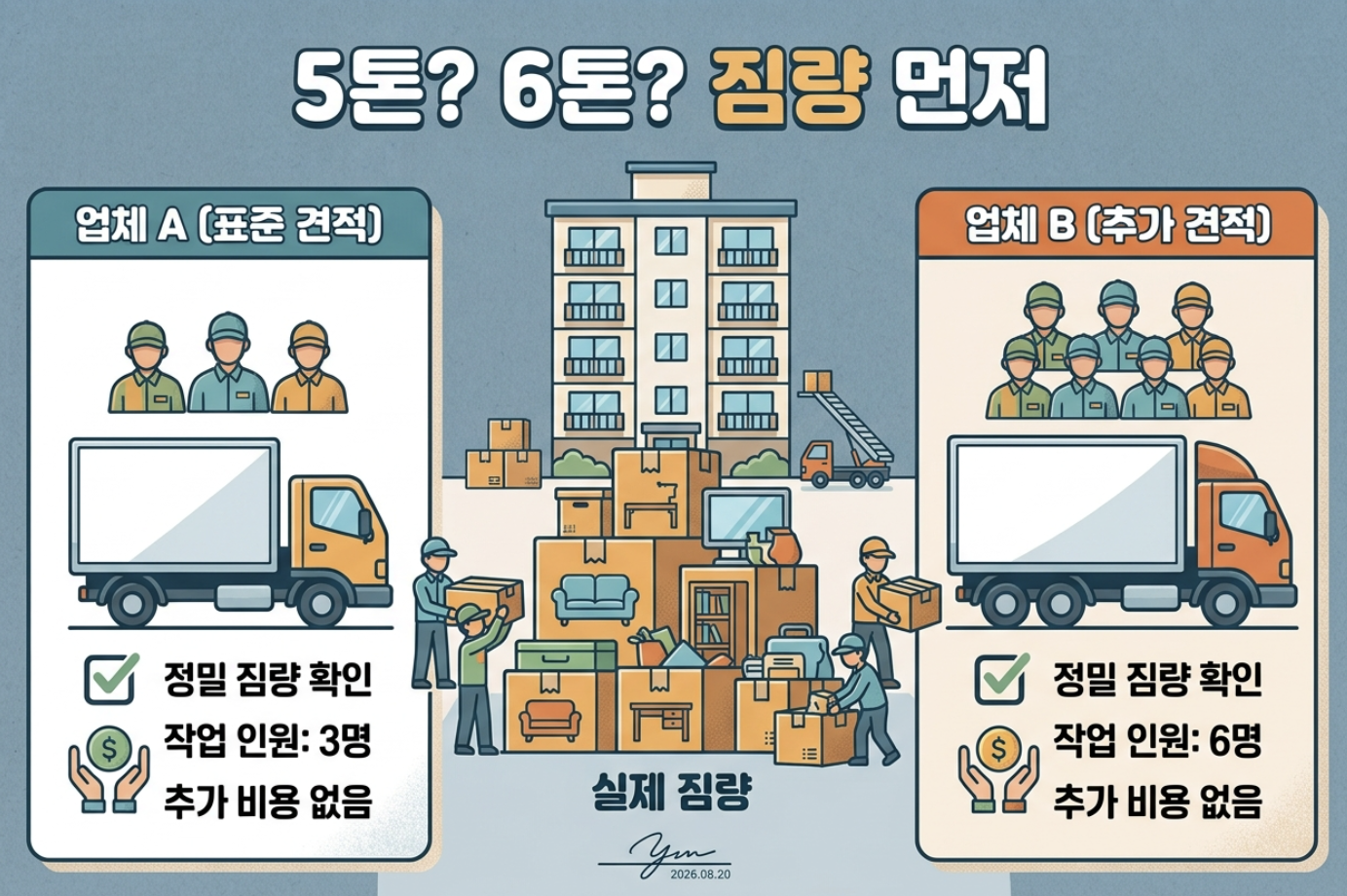 같은 집의 포장이사 견적에서 5톤과 6톤 차량을 실제 짐량으로 비교하는 이미지