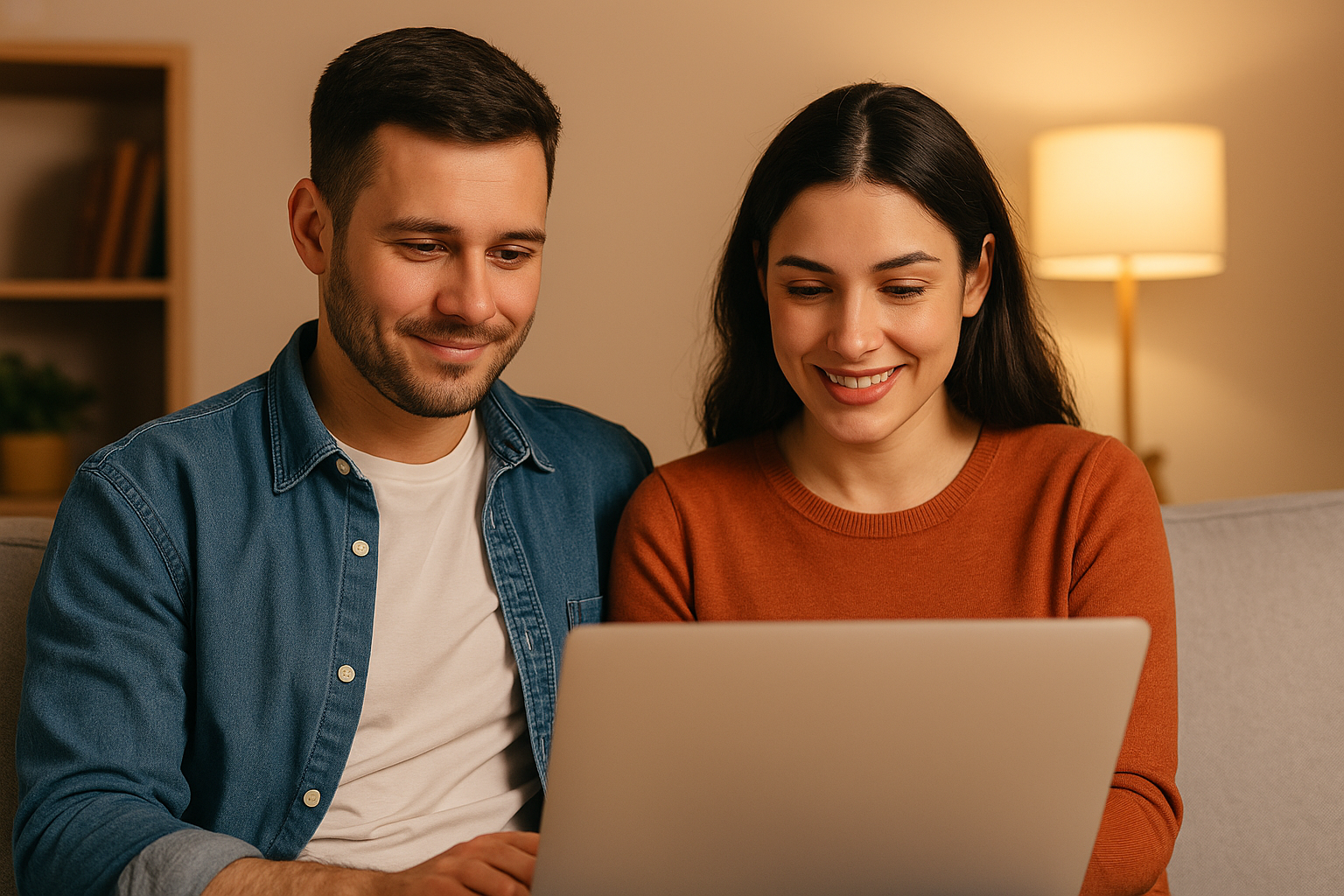 집에서 함께 노트북을 사용하는 맞벌이 부부의 따뜻한 순간을 표현한 이미지