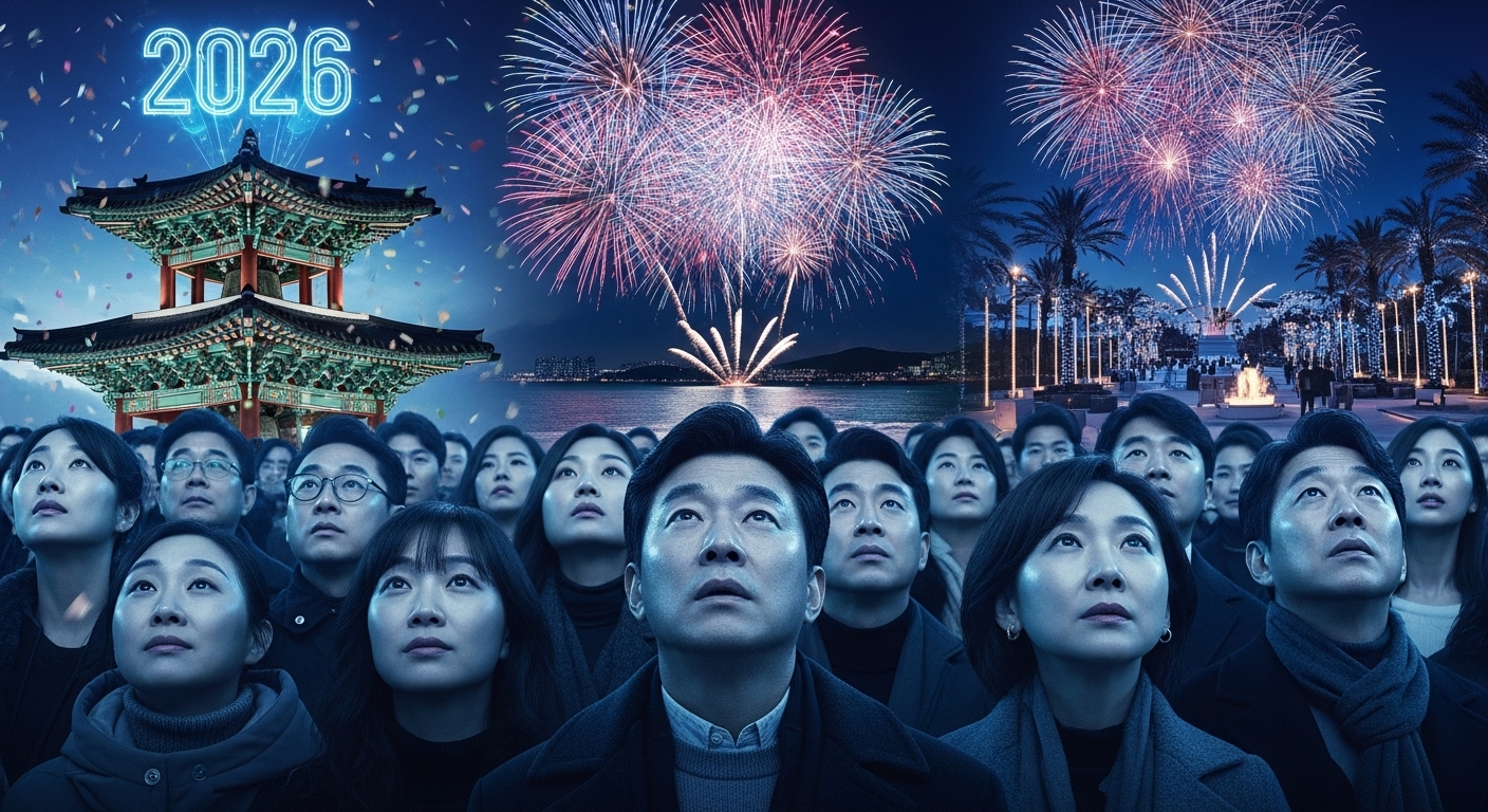2026년 새해 카운트다운을 기다리는 사람들과 서울 보신각, 부산 해운대 불꽃, 제주 중문 파티 풍경이 어우러진 희망찬 이미지
