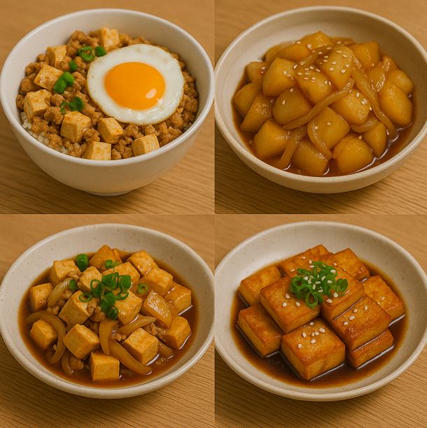 간단한 재료로 만든 두부와 계란을 활용한 덮밥, 감자와 양파를 이용한 감자조림, 두부조림 사진