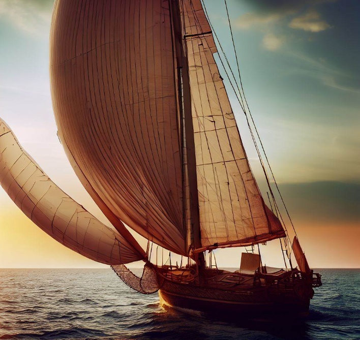 커다란 돛과 밧줄이 있는 범선(made by Bing)