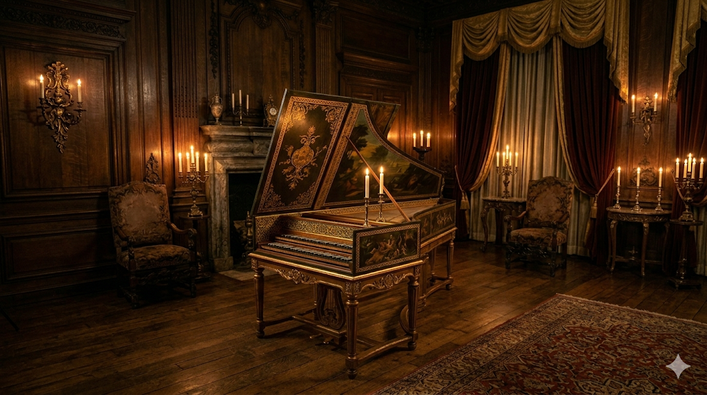 바로크 시대 유럽 실내에 놓인 하프시코드