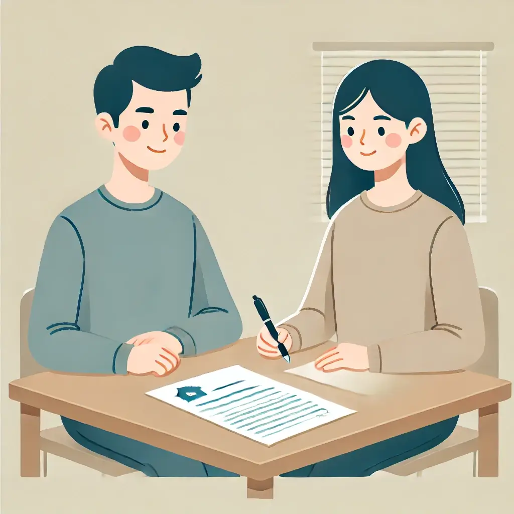 부부가 계약서를 작성하며 이사를 준비하는 모습.