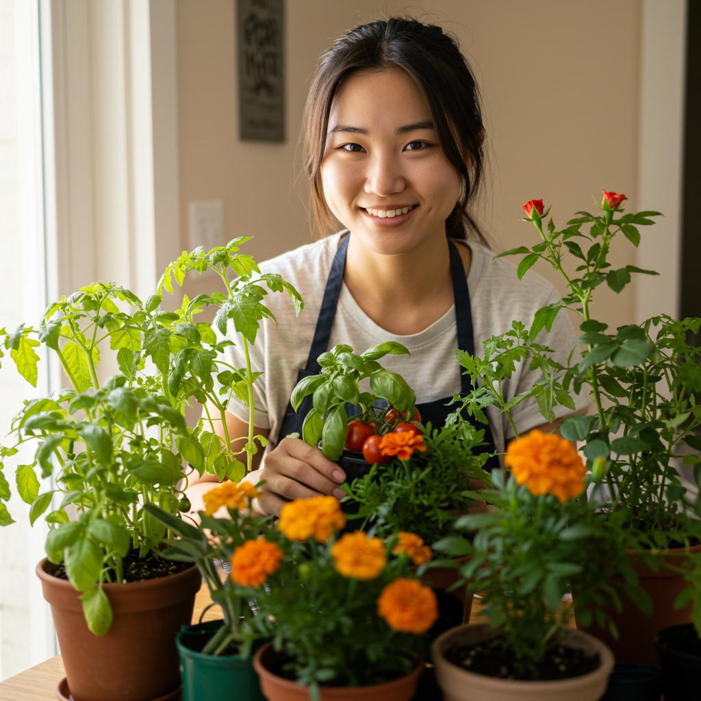 반려식물을 기르며 우울감을 극복한 여성이 밝게 웃고 있다.