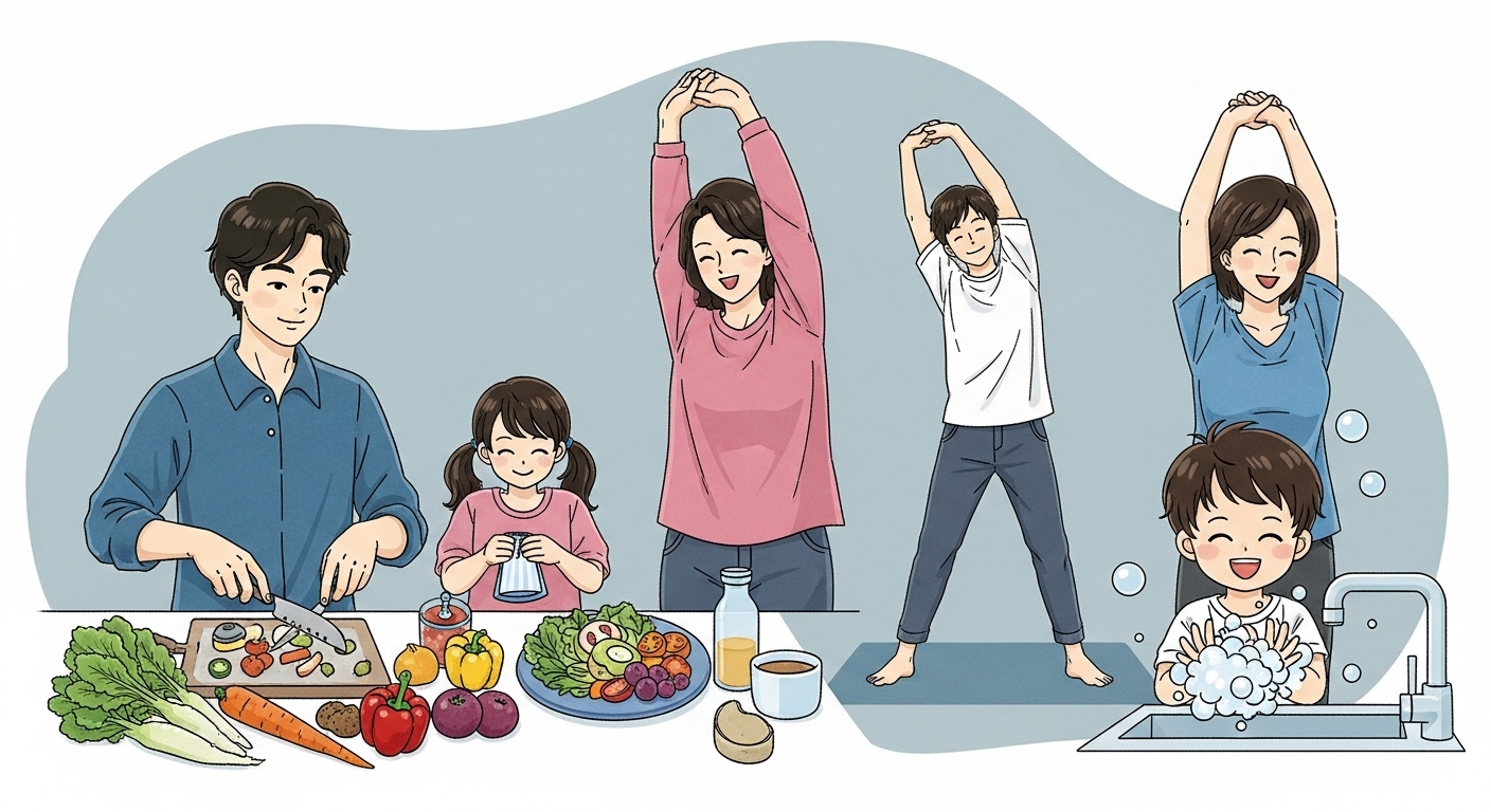건강한 식사를 준비하고, 운동하며, 손을 씻는 가족들이 함께 면역력을 키우는 모습.