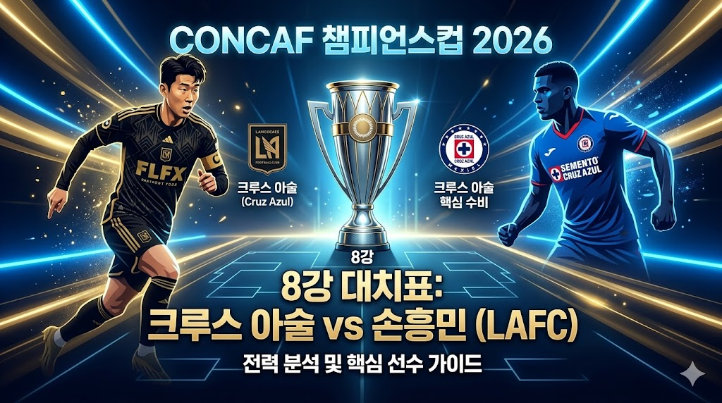 네온 블루와 골드 톤의 화려한 배경에 CONCAF 트로피를 사이에 두고, 왼쪽에는 LAFC 유니폼을 입은 손흥민 선수, 오른쪽에는 크루스 아술의 핵심 수비수 실루엣이 대치하는 역동적인 모습. 중앙에 '8강'과 '크루스 아술 vs 손흥민' 문구가 세련된 타이포그래피로 배치됨.