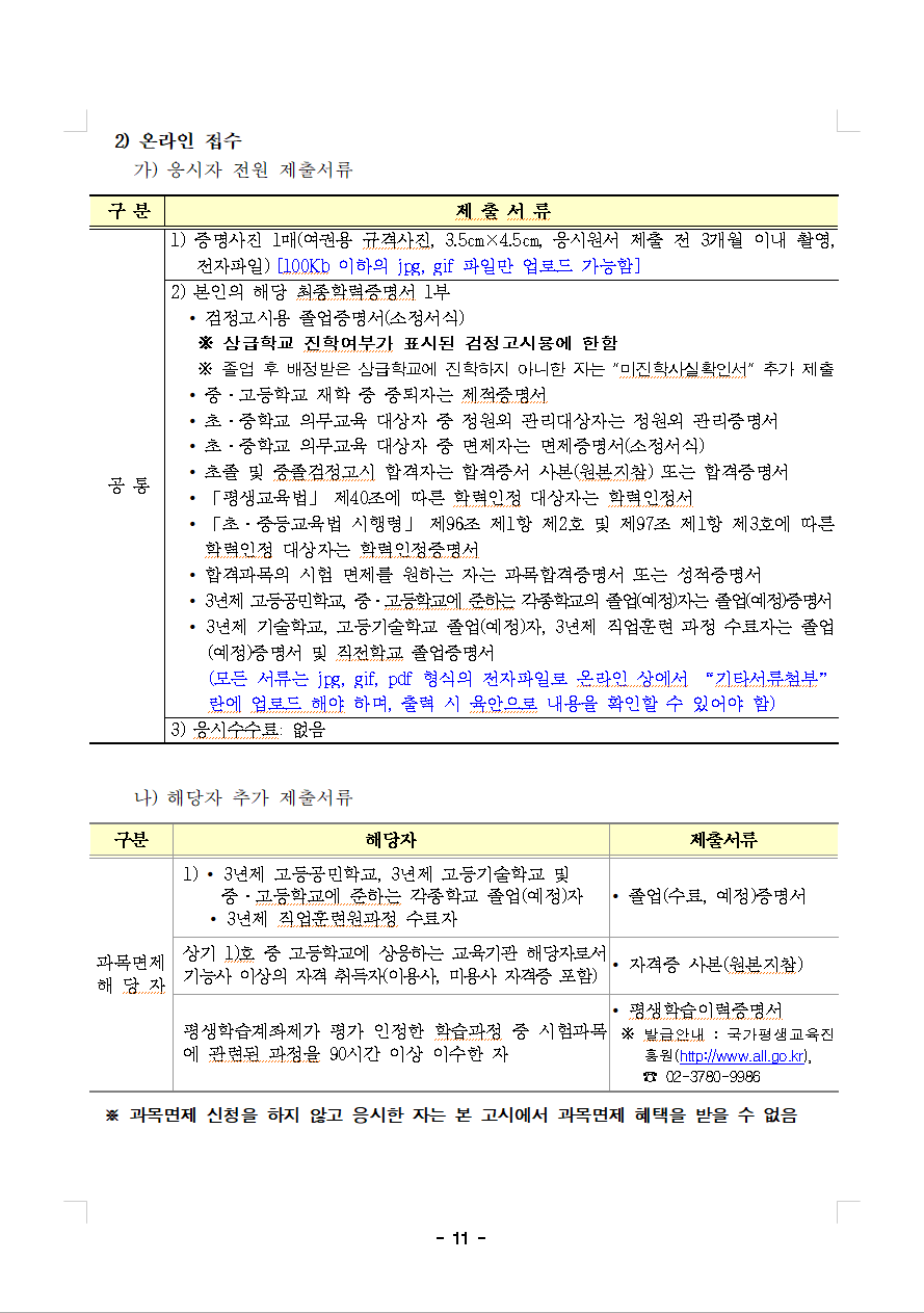 검정고시 온라인 접수 제출서류