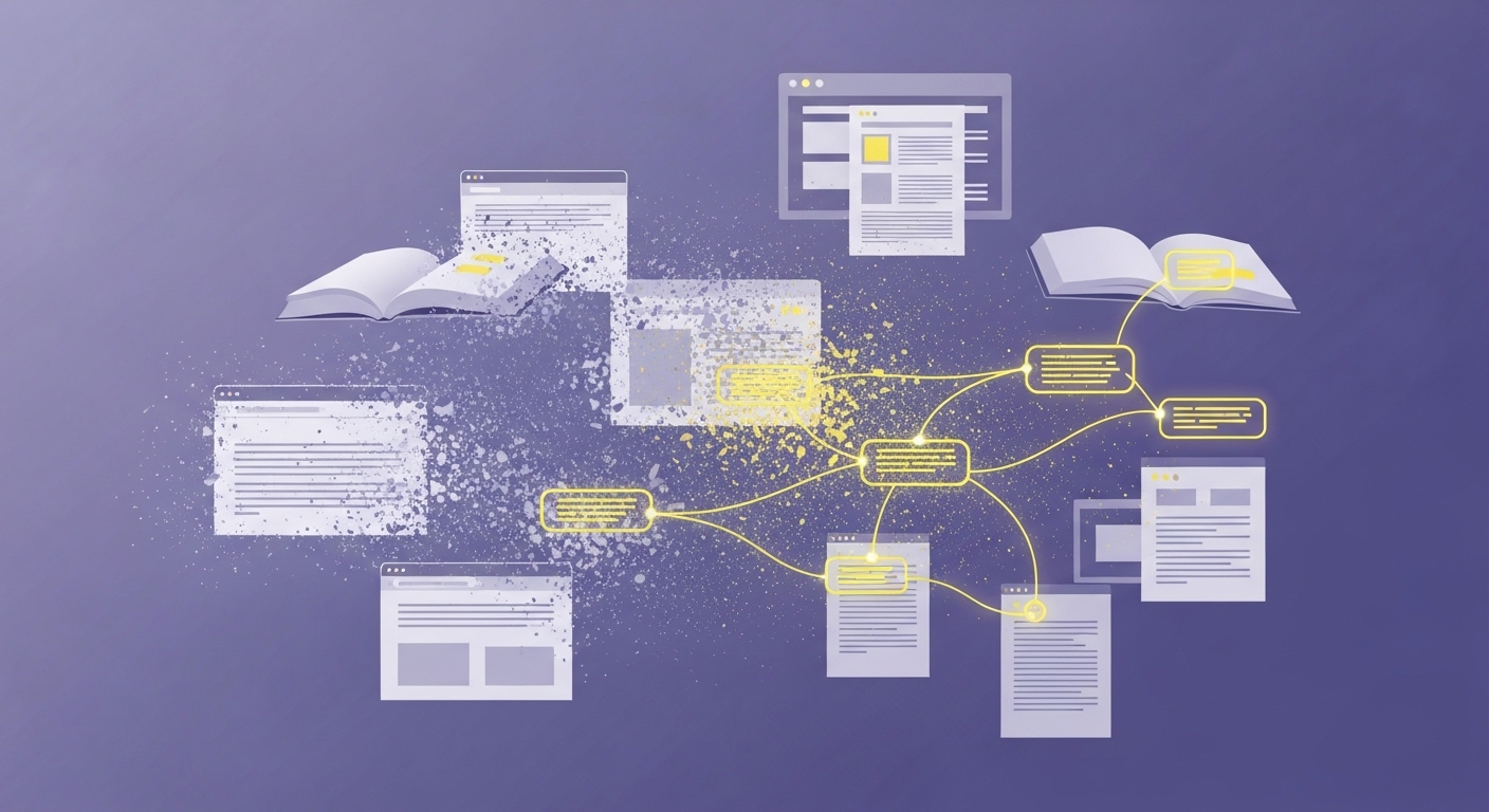 복잡한 학습 자료들이 ChatGPT를 통해 핵심 요약 및 개념으로 구조화되는 추상적인 디지털 이미지.