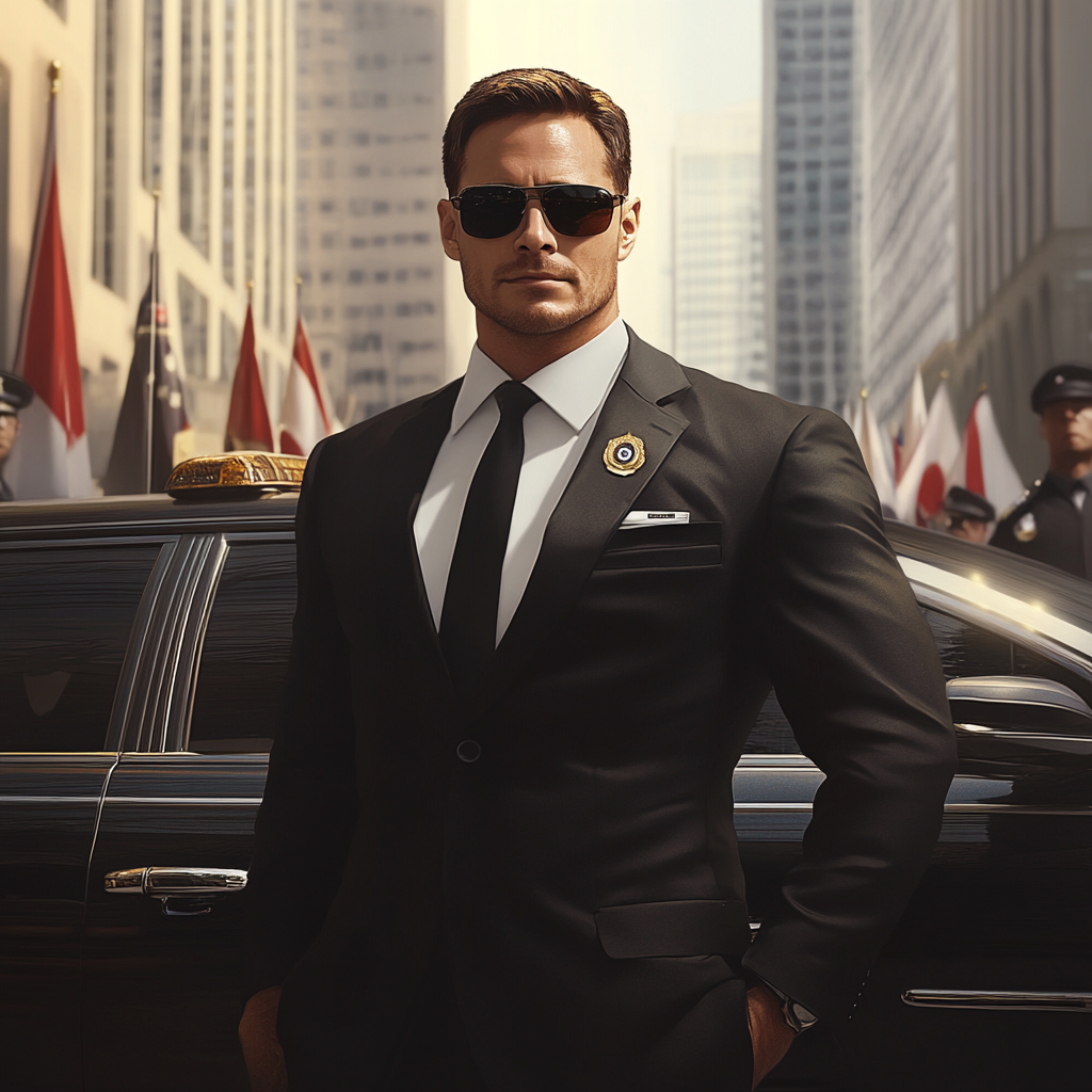 미국 경호원이 경호차량 옆에 서서 당당하게 서있는 모습