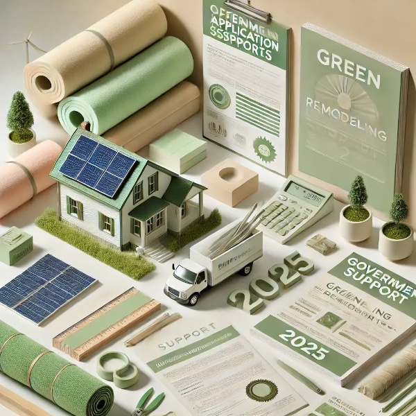 하얀 배경 위에 정리된 2025년 그린리모델링 지원사업 서류, 태양광 미니어처, 단열재 모형의 전문 스튜디오 촬영 사진
