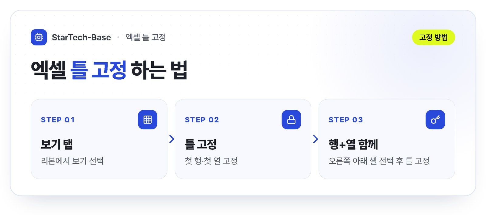 엑셀 틀 고정 - 보기 탭, 틀 고정, 첫 행 고정·첫 열 고정, 행과 열을 함께 고정하려면 오른쪽 아래 셀 선택 후 틀 고정