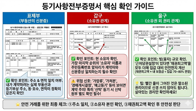 등기사항증명서에서 표제부, 갑구(소유권)와 을구(권리관계)를 확인하는 방법 안내