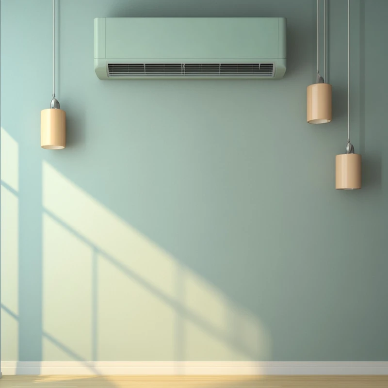 모던한 인테리어 디자인의 방에 설치된 창문형 에어컨이 공간의 효율적인 활용을 보여주며 쾌적함과 세련된 분위기를 연출합니다. 스마트 홈의 기능성을 강조합니다.