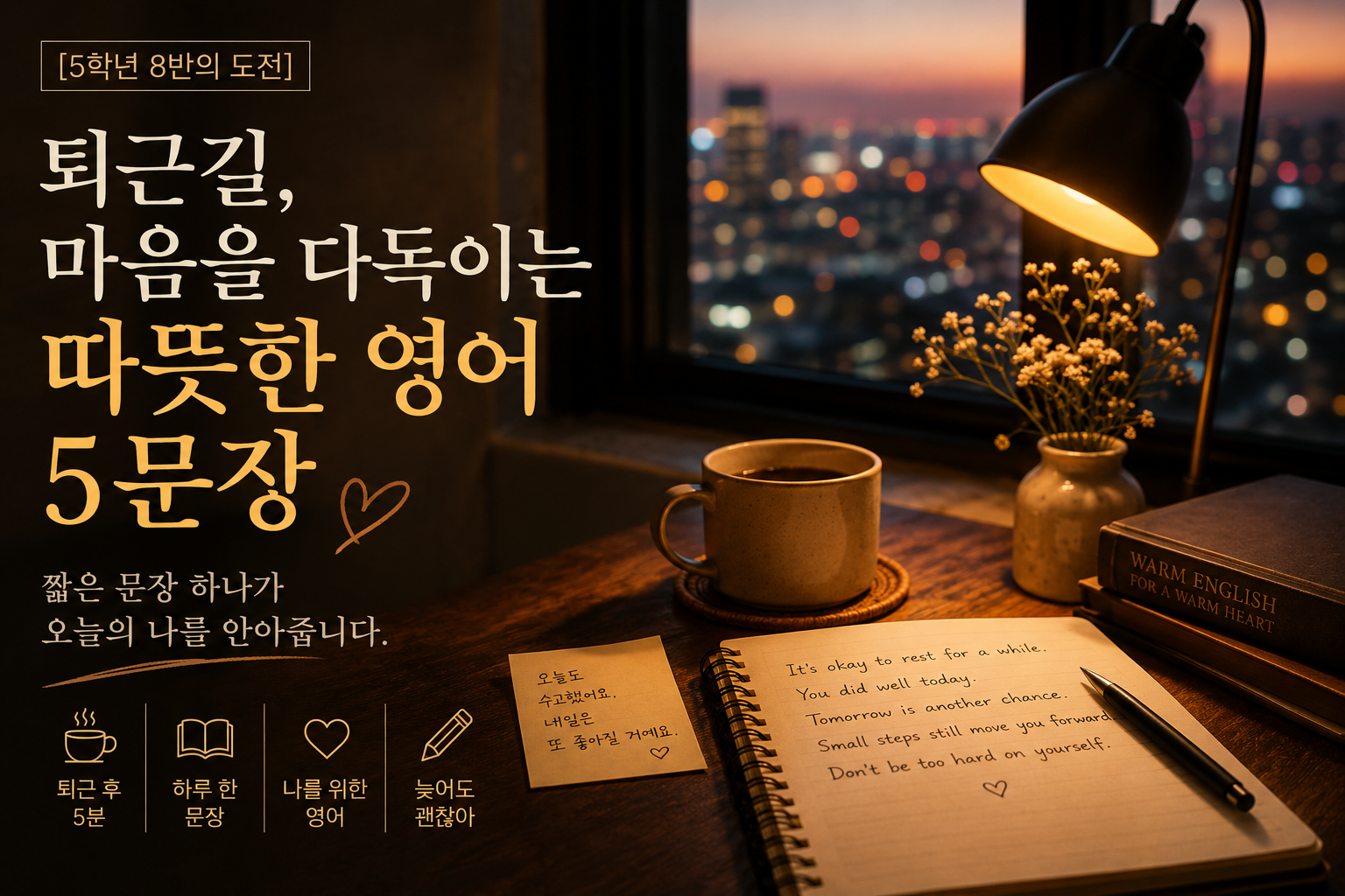 퇴근길 지친 마음을 따뜻한 영어 문장으로 위로하는 감성 이미지