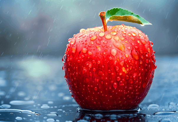 빨간 사과가 도로에 있다. 내리는 비를 맞자 사과 표면에 빗방울들이 가득하다.