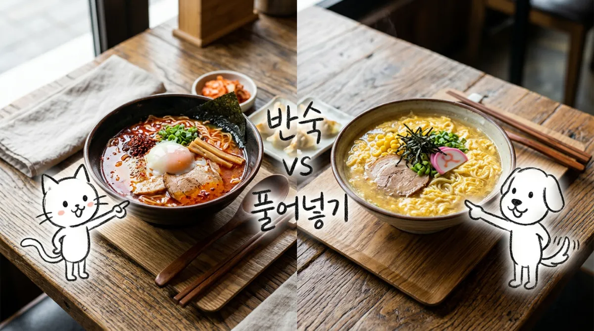 반숙 계란 라면과 풀어넣은 계란 라면의 조리 스타일을 나란히 비교한 음식 사진