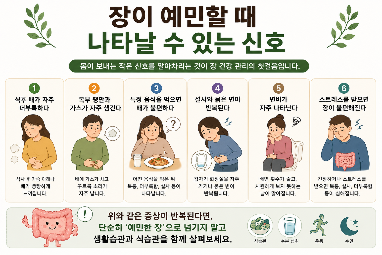 식후 더부룩함, 가스, 설사와 변비 등 여섯 불편 증상 그림