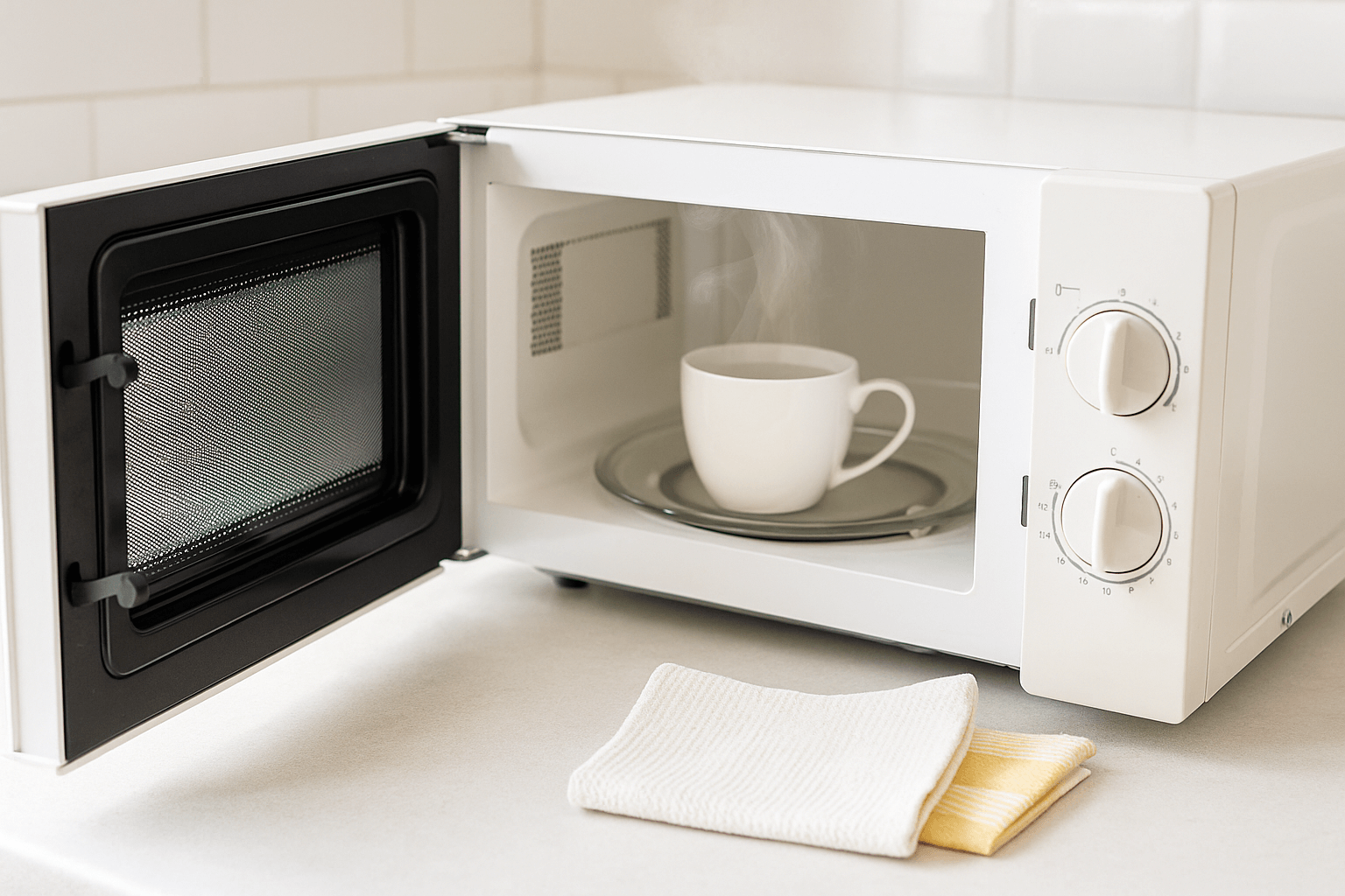 전자레인지 내부에 물이 담긴 컵이 놓여 있고, 주방에서 청소 준비 중인 장면